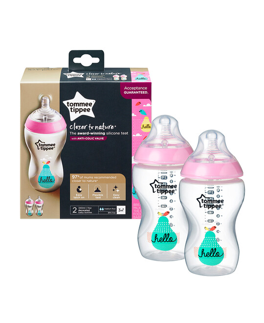 Tommee Tippee Closer to Nature 2x340ml Easi-Vent™ Decorative Feeding Bottle - Girl image number 2